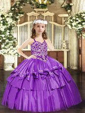 Customized Sleeveless Organza Floor Length Lace Up Little Girls Pageant Dress in Lilac with Beading and Ruffled Layers