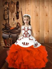  Straps Sleeveless Little Girls Pageant Gowns Floor Length Embroidery Orange Red Organza
