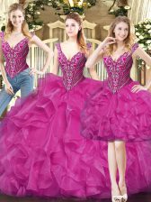  Fuchsia Organza Lace Up V-neck Sleeveless Floor Length 15 Quinceanera Dress Beading and Ruffles
