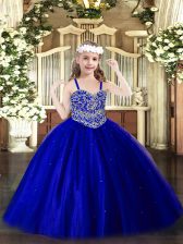  Tulle Straps Sleeveless Lace Up Beading High School Pageant Dress in Royal Blue