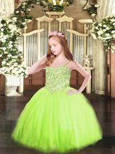  Tulle Spaghetti Straps Sleeveless Lace Up Appliques Pageant Gowns in Yellow Green
