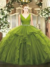  Floor Length Olive Green Sweet 16 Quinceanera Dress Tulle Sleeveless Beading and Ruffles