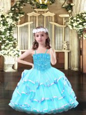  Aqua Blue Sleeveless Floor Length Beading and Ruffled Layers Lace Up Pageant Dress Wholesale