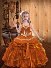  Orange Ball Gowns Straps Sleeveless Organza Floor Length Lace Up Embroidery and Ruffles Pageant Dress Womens