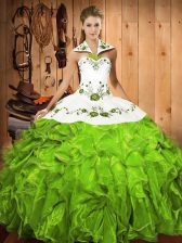 Unique Ball Gowns Embroidery and Ruffles 15 Quinceanera Dress Lace Up Satin and Organza Sleeveless Floor Length