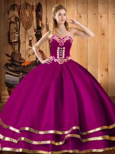  Fuchsia Ball Gowns Embroidery Quinceanera Dress Lace Up Organza Sleeveless Floor Length