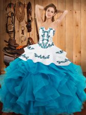  Teal Ball Gowns Strapless Sleeveless Satin and Organza Floor Length Lace Up Embroidery and Ruffles Quinceanera Dresses