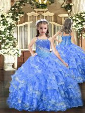 Hot Sale Beading and Ruffled Layers Girls Pageant Dresses Baby Blue Lace Up Sleeveless Floor Length