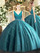  Ball Gowns Ball Gown Prom Dress Teal V-neck Tulle Sleeveless Floor Length Zipper