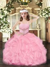 Exquisite Ball Gowns Pageant Dress Wholesale Rose Pink Straps Organza Sleeveless Floor Length Zipper
