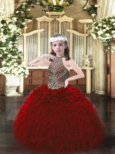  Floor Length Ball Gowns Sleeveless Wine Red Pageant Dress for Teens Lace Up