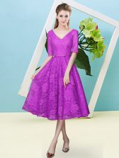 Custom Design Fuchsia V-neck Lace Up Bowknot Dama Dress for Quinceanera Half Sleeves
