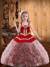Enchanting Straps Sleeveless Fabric With Rolling Flowers Pageant Dress for Teens with Headpieces Embroidery and Ruffles Lace Up