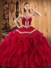 Excellent Wine Red Sweetheart Lace Up Embroidery and Ruffles Quince Ball Gowns Sleeveless
