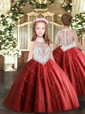  Scoop Sleeveless Zipper Kids Formal Wear Red Tulle