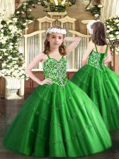 Popular Straps Sleeveless Lace Up Little Girl Pageant Dress Green Tulle