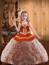  Fabric With Rolling Flowers Straps Sleeveless Lace Up Embroidery and Ruffles Evening Gowns in Multi-color