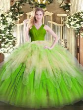Gorgeous V-neck Sleeveless Organza Sweet 16 Quinceanera Dress Ruffles Zipper