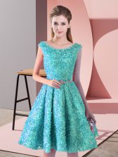 Custom Designed Aqua Blue A-line Belt Lace Up Lace Sleeveless Knee Length