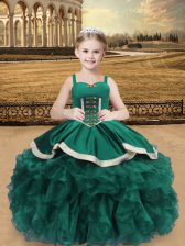  Turquoise Ball Gowns Organza Straps Sleeveless Beading and Ruffles Floor Length Lace Up Little Girl Pageant Dress