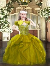  Olive Green Straps Neckline Beading and Ruffles Girls Pageant Dresses Sleeveless Lace Up