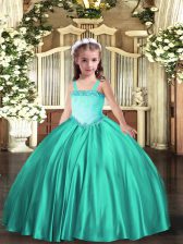  Turquoise Ball Gowns Satin Straps Sleeveless Appliques Floor Length Lace Up Kids Formal Wear