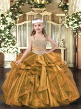  Brown Sleeveless Floor Length Beading and Ruffles Lace Up Little Girl Pageant Dress