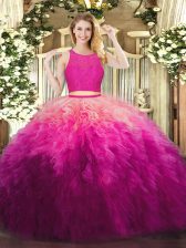 Simple Fuchsia Sleeveless Lace and Ruffles Floor Length Sweet 16 Dresses