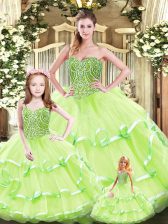 Hot Selling Floor Length Lace Up Sweet 16 Dresses Yellow Green for Military Ball and Sweet 16 and Quinceanera with Beading and Ruffled Layers