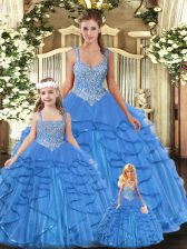 Colorful Aqua Blue Tulle Lace Up Vestidos de Quinceanera Sleeveless Floor Length Beading and Ruffles