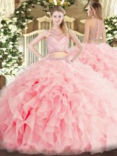  Baby Pink Two Pieces Beading and Ruffles Quinceanera Dress Zipper Tulle Sleeveless Floor Length