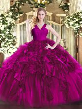 Fuchsia Ball Gowns V-neck Sleeveless Organza Floor Length Zipper Ruffles Sweet 16 Dresses