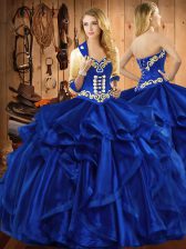  Royal Blue Ball Gowns Organza Sweetheart Sleeveless Embroidery and Ruffles Floor Length Lace Up Ball Gown Prom Dress