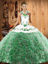 New Arrival Multi-color Ball Gowns Halter Top Sleeveless Fabric With Rolling Flowers Sweep Train Lace Up Embroidery Quinceanera Dresses