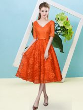 Super Lace Half Sleeves Tea Length Dama Dress and Bowknot