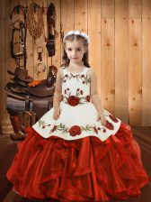  Floor Length Lace Up Evening Gowns Red for Sweet 16 and Quinceanera with Ruffles
