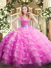  Floor Length Lilac Quinceanera Dress Organza Sleeveless Ruffled Layers