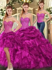 Colorful Fuchsia Sweetheart Neckline Beading and Ruffles Quince Ball Gowns Sleeveless Lace Up