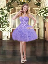 Glamorous Lavender Ball Gowns Organza Sweetheart Sleeveless Appliques and Ruffles and Pick Ups Mini Length Lace Up Prom Party Dress