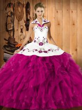  Fuchsia Satin and Organza Lace Up Quinceanera Dress Sleeveless Floor Length Embroidery and Ruffles