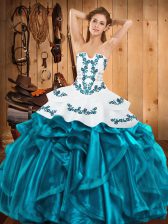 Low Price Teal Ball Gowns Satin and Organza Strapless Sleeveless Embroidery and Ruffles Floor Length Lace Up 15 Quinceanera Dress