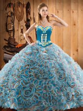 Super Multi-color Ball Gowns Satin and Fabric With Rolling Flowers Sweetheart Sleeveless Embroidery With Train Lace Up 15th Birthday Dress Sweep Train