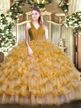  Sleeveless Organza Floor Length Zipper Quinceanera Dress in Brown with Ruffled Layers