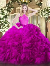 Fuchsia Sleeveless Floor Length Lace Zipper Quinceanera Dress