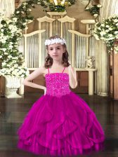  Fuchsia Ball Gowns Spaghetti Straps Sleeveless Tulle Floor Length Lace Up Beading and Ruffles Little Girl Pageant Gowns
