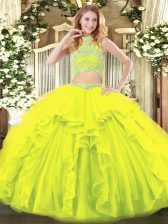 Pretty Floor Length Yellow Green Quinceanera Dresses Tulle Sleeveless Beading and Ruffles