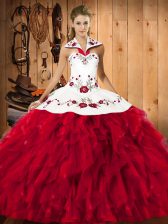  Red Sleeveless Satin and Organza Lace Up Quinceanera Dresses for Military Ball and Sweet 16 and Quinceanera