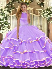 Flirting Lavender Sweet 16 Quinceanera Dress Military Ball and Sweet 16 and Quinceanera with Beading and Ruffled Layers Halter Top Sleeveless Backless