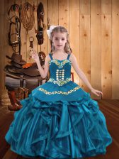 Most Popular Floor Length Lace Up Child Pageant Dress Teal for Party and Quinceanera and Wedding Party with Embroidery and Ruffles
