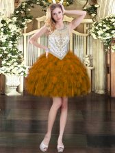 Modern Brown Zipper Prom Party Dress Beading and Ruffles Sleeveless Mini Length